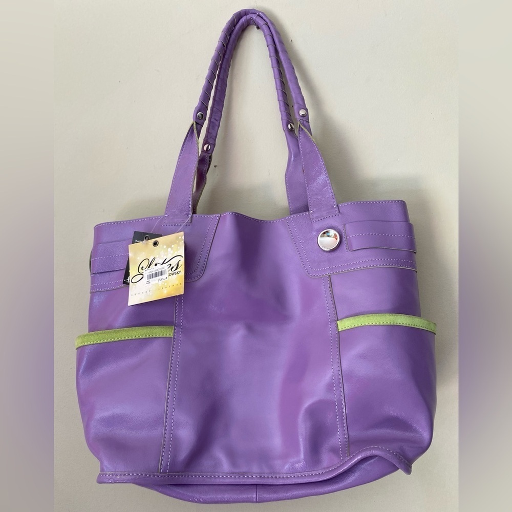 B Makowsky Purple Patten Leather Burbank Tote Bag with Green Accents NWT - Picture 4 of 10